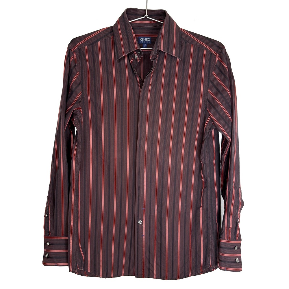 Kenzo Homme Men's Striped Button Down Dress Shirt Size 38 15 Brown Red Cotton